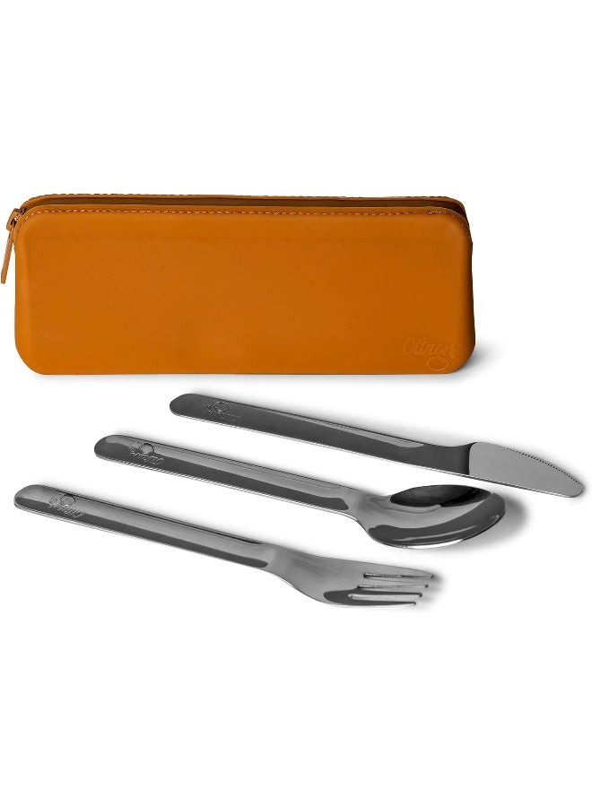 Citron Stainless Steel Cutlery Set With Pouch Caramel Eco-Friendly Utensils For On-The-Go Dining - Image 1
