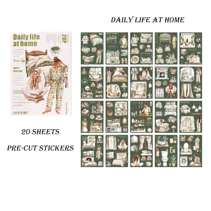 Auguro Scrapbooking Sticker 20 Sheets 120 Pre-Cut PET Daily Life at Home Girls People Stickers Books for journaling Scrapbook Supplies Transparent Stickers for journaling - Image 3