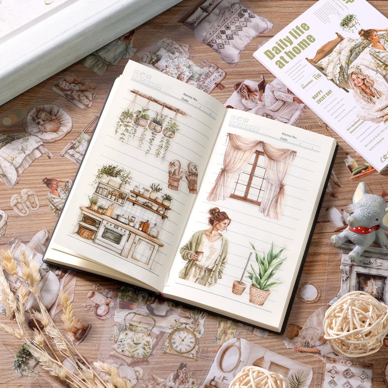 Auguro Scrapbooking Sticker 20 Sheets 120 Pre-Cut PET Daily Life at Home Girls People Stickers Books for journaling Scrapbook Supplies Transparent Stickers for journaling - Image 4