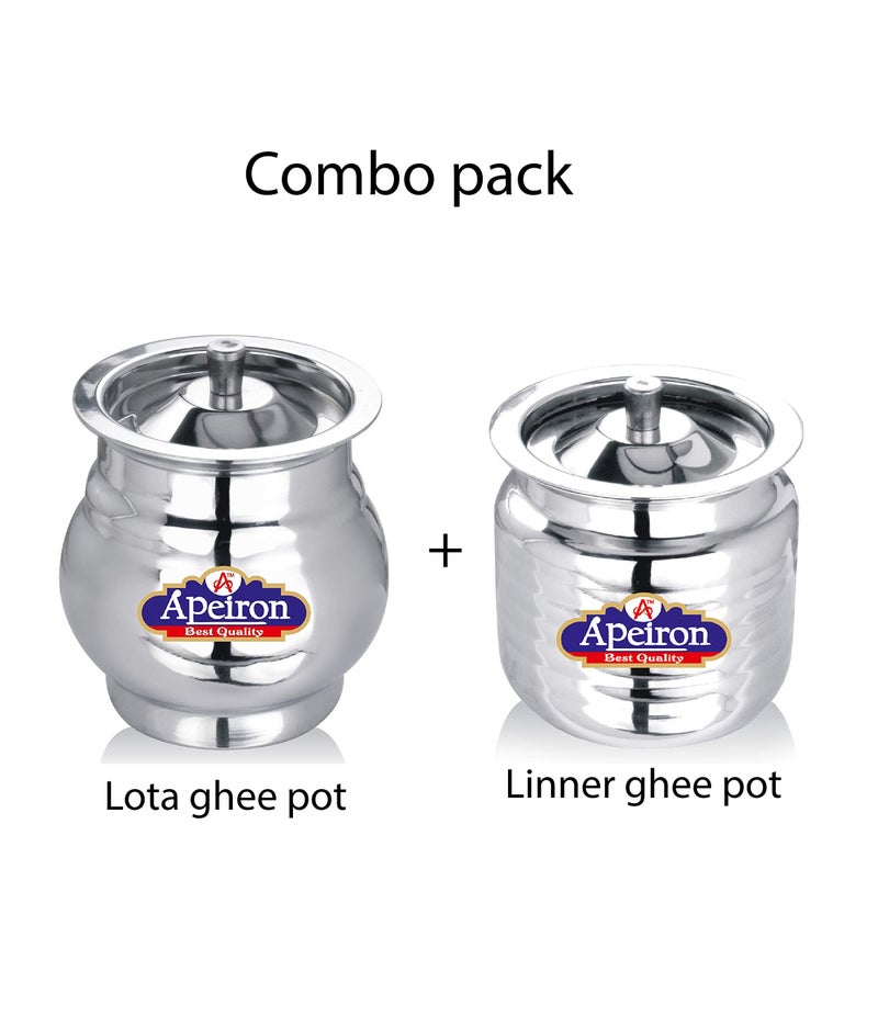 Apeiron Stainless Steel Lota shape and Linner Shape Ghee/Oil Pot with Spoon and Lid - 300 ml Steel Utility Container - Image 2