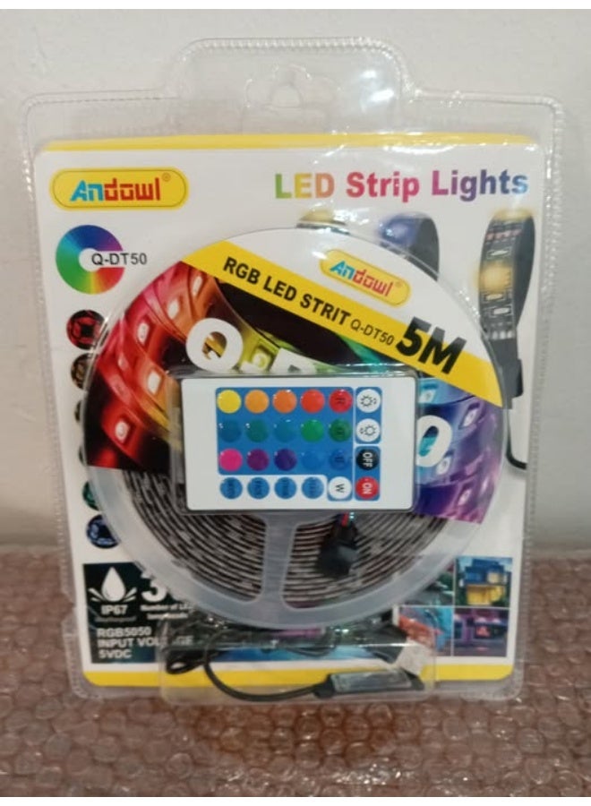 شريط إضاءة LED RGB 5050 بطول 5 أمتار مع جهاز تحكم عن بعد - مقاوم للماء بمعيار IP67 ويعمل بمنفذ USB