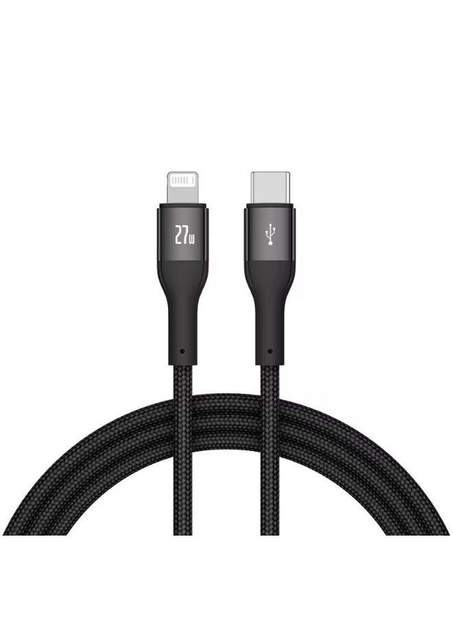 USB-C to Lightning Charging Cable (1M), supports fast charging and data transfer, compatible with multiple smartphone models including 14, 13, 12, 11, X, and 8/7/6/5 series – Black. - Image 1