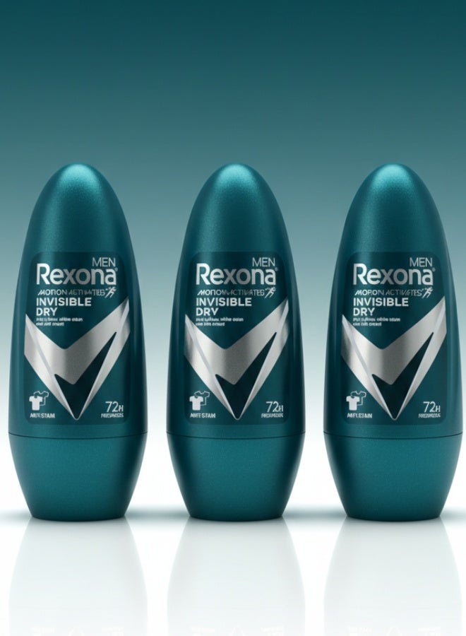 Rexona Men Pack of 3 Motion Activated Invisible Dry 72 h Freshness 45 ml Antiperspirant Roll On Long Lasting Sweat Protection - Image 1
