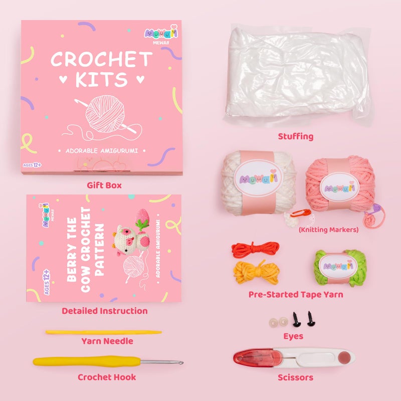 Mewaii مجموعة Mewaii Crochet للمبتدئين، مجموعة كاملة من أدوات DIY للحيوانات مع 40%+ من خيوط الشريط التي تم البدء بها مسبقًا، دروس فيديو خطوة بخطوة للبالغين والأطفال (بقرة فراولة) - Image 5