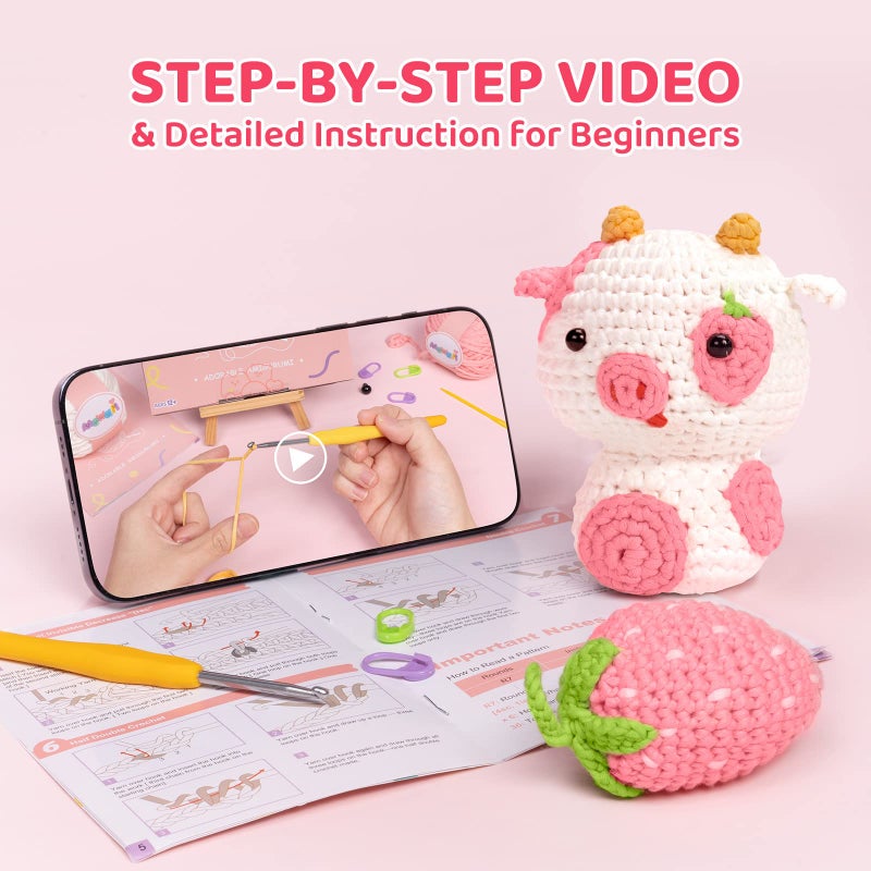 Mewaii مجموعة Mewaii Crochet للمبتدئين، مجموعة كاملة من أدوات DIY للحيوانات مع 40%+ من خيوط الشريط التي تم البدء بها مسبقًا، دروس فيديو خطوة بخطوة للبالغين والأطفال (بقرة فراولة) - Image 4