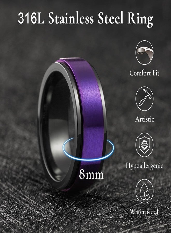 King Will 316L Stainless Steel Spinner Weding Ring for Men Women-8mm Black Stress Relief Fidget Ring with Purple Plated Matte Brushed Surface Spinner Wedding Band Comfort Fit Size 12 - Image 2