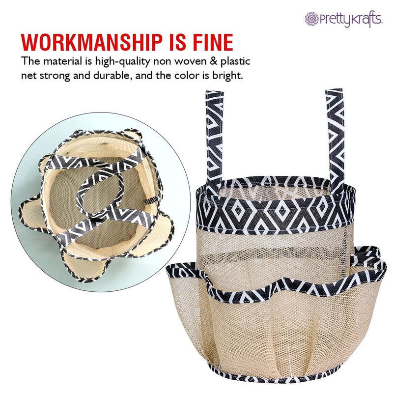 PrettyKrafts PRETTY KRAFTS Mesh Shower Caddy Tote Bag 8 Pockets, Hanging Portable Toiletry Bag for Men and Women, College Dorm Essentials Quick Dry Bath Organizer for College Dorms, Gym, Camp - Beige Black - Image 4