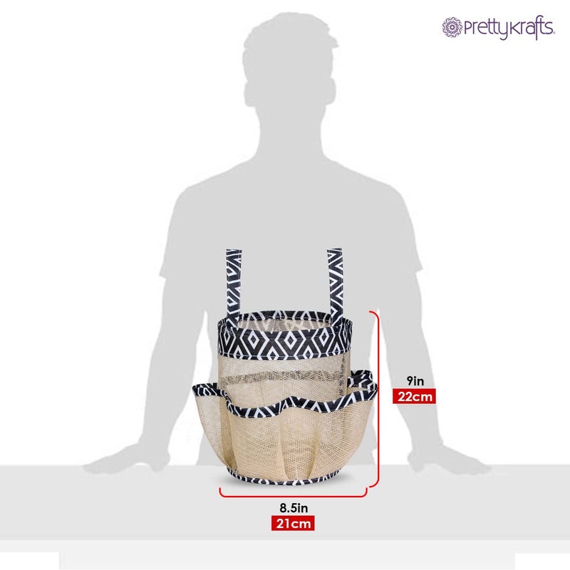 PrettyKrafts PRETTY KRAFTS Mesh Shower Caddy Tote Bag 8 Pockets, Hanging Portable Toiletry Bag for Men and Women, College Dorm Essentials Quick Dry Bath Organizer for College Dorms, Gym, Camp - Beige Black - Image 3