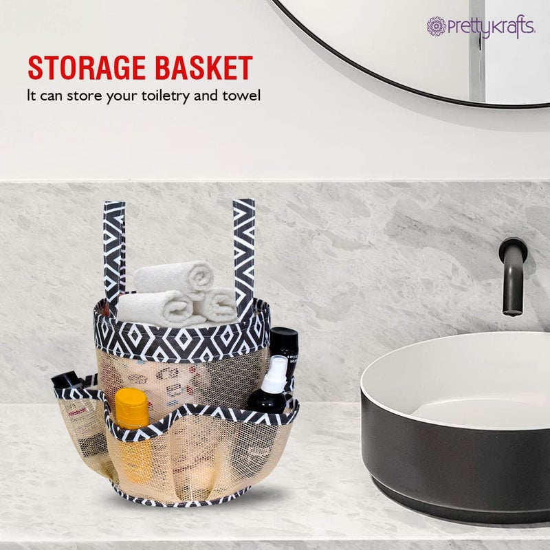 PrettyKrafts PRETTY KRAFTS Mesh Shower Caddy Tote Bag 8 Pockets, Hanging Portable Toiletry Bag for Men and Women, College Dorm Essentials Quick Dry Bath Organizer for College Dorms, Gym, Camp - Beige Black - Image 2