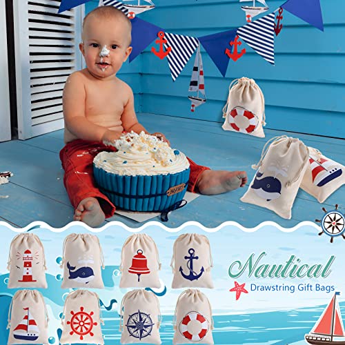 Shellwei 24 Pack Nautical Gift Bags Cotton Nautical Anchors Drawstring Bags Themed Favor Boat Goodie 7 x 5 inch for Boys Girls Birthday Wedding Beach Theme Parties Supplies Favors - Image 5