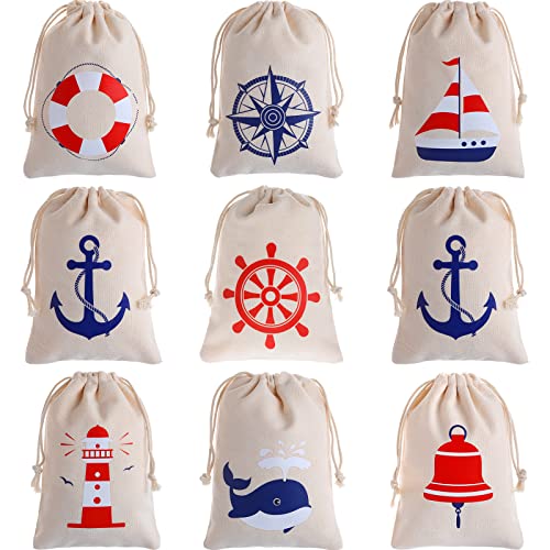 Shellwei 24 Pack Nautical Gift Bags Cotton Nautical Anchors Drawstring Bags Themed Favor Boat Goodie 7 x 5 inch for Boys Girls Birthday Wedding Beach Theme Parties Supplies Favors - Image 1