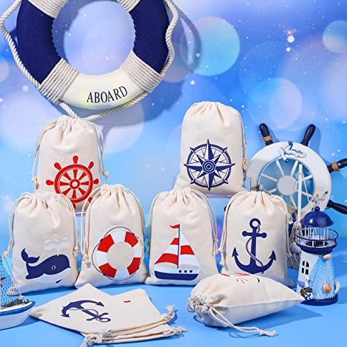 Shellwei 24 Pack Nautical Gift Bags Cotton Nautical Anchors Drawstring Bags Themed Favor Boat Goodie 7 x 5 inch for Boys Girls Birthday Wedding Beach Theme Parties Supplies Favors - Image 2