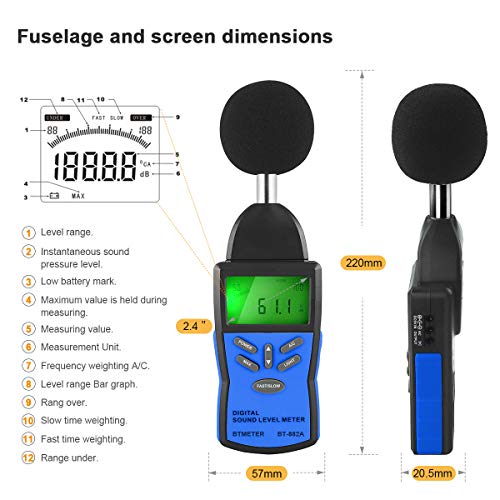 BTMETER Precision Sound Level Meter, BTMETER Digital Decibel Tester for 30~130 dB Noise Volume Measurement with A/C Fast/Slow Weighting, Large Backlight Display BT-882A Decibel Reader - Image 4