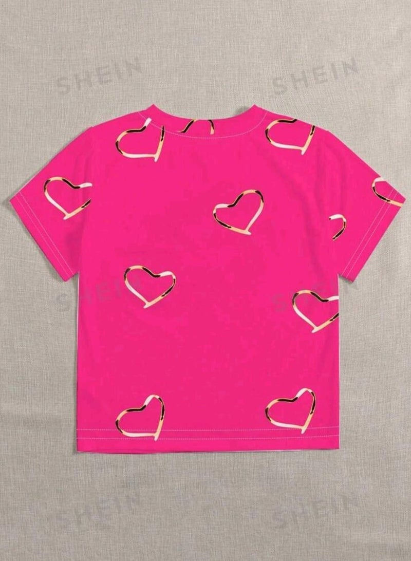 INAWLY Summer Love-Shape Full-Body Print Casual Women's T-Shirt Graphic Tees Women Tops