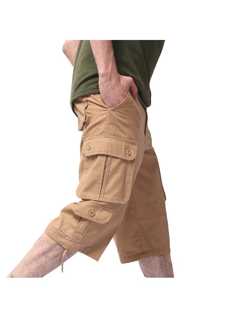 Loquat Men's Capris Multi Pocket Casual Pants Khaki - Image 1