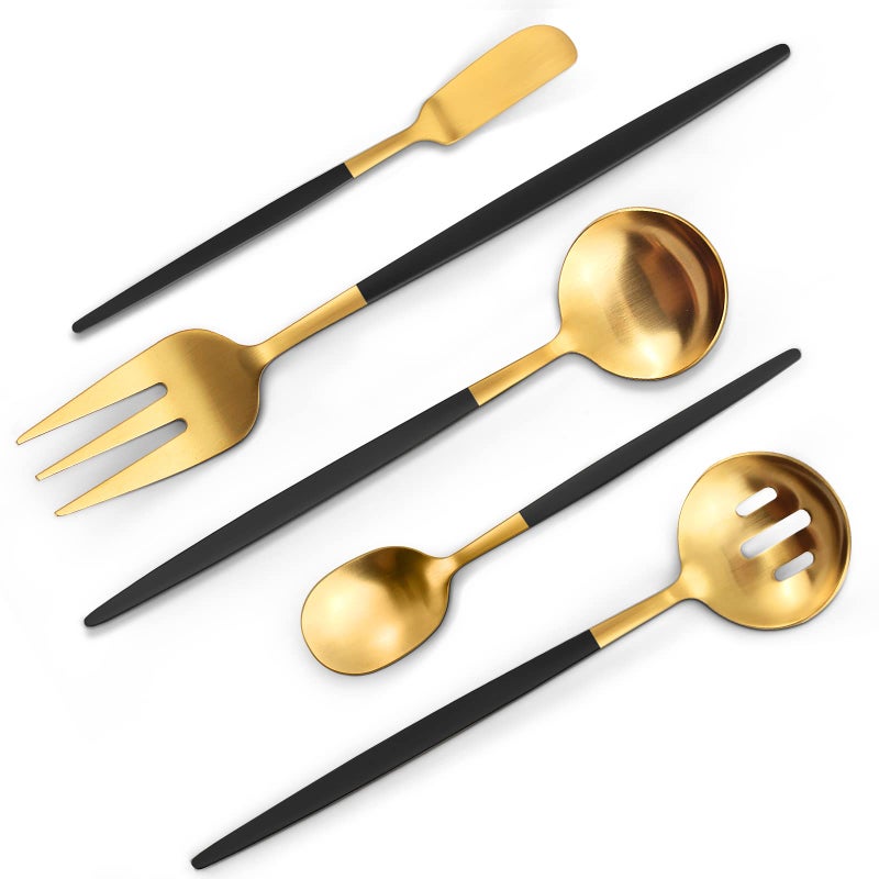 VANVRO Matte Black Gold Serving Silverware Set 5Piece Round Shared Utensils Set of Stainless Steel Hostess Flatware Serving Set Satin Finish Dishwasher Safe