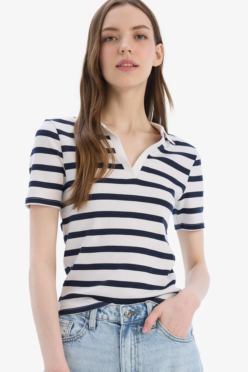 ديفاكتو Slim Fit Ribbed Short Sleeve Polo Shirt