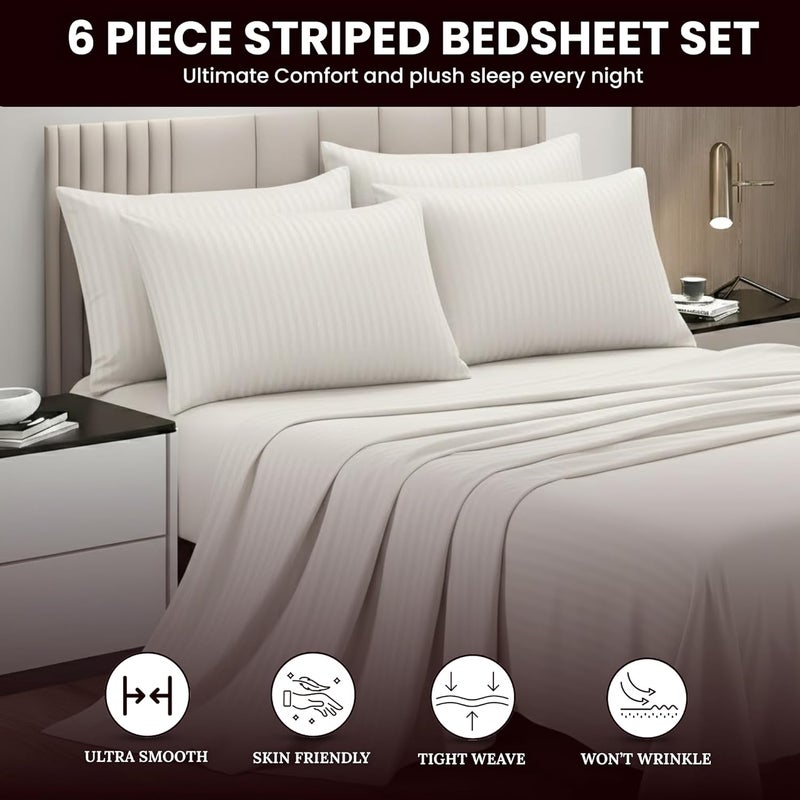 FOAM CRAFT FOAMCRAFT® Striped 6-Piece Bedding Set - Breathable Microfiber Bed Sheets with Pillow Shams (White, Queen) - Image 3