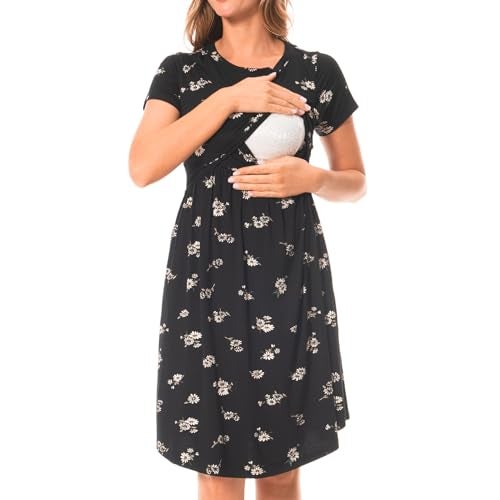 Bearsland Women's Short Sleeves Maternity Dress Nursing Breastfeeding Dresses with Pockets,blackwhitef,m - Image 4