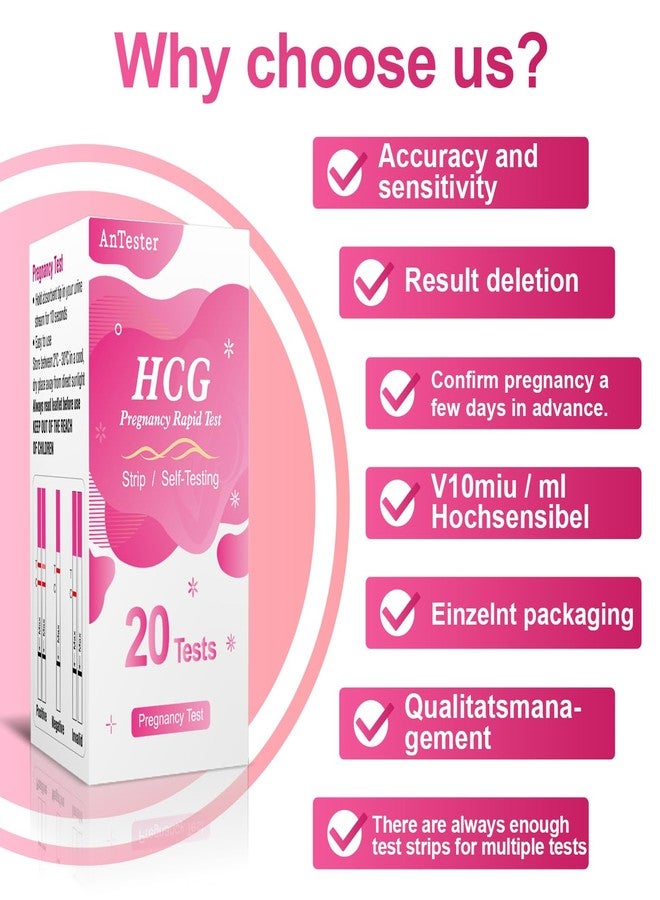 مجموعة شرائط اختبار الحمل AnTester (20 شريطًا) مع أكواب جمع البول، شرائط اختبار hCG - مجموعة اختبارات الحمل المنزلية السريعة للكشف المبكر عن الحمل (10 وحدة دولية/مل) - Image 3
