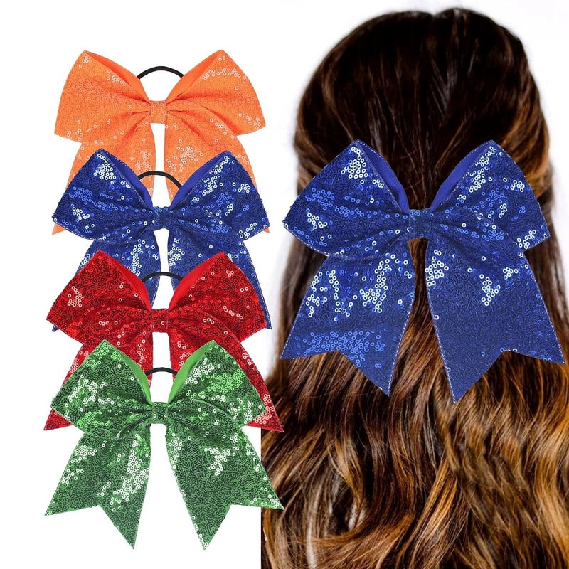 Nishine Nishine 4 PACK 8 Girls Large Sequin Cheer Bows Teens Elastic Ponytail Holder Hair Bows Women Hair Band Sapphire Pack 