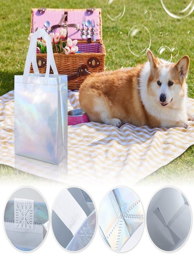 ISUSSER 24 Pack Holographic Gift Bags With White Handles Non Woven Reusable Handled Gift Bags Iridescent Tote Bags Glossy Welcome Bags for Shopping Birthday Party Wedding, 8 x 4 x 10 Inch - Image 3
