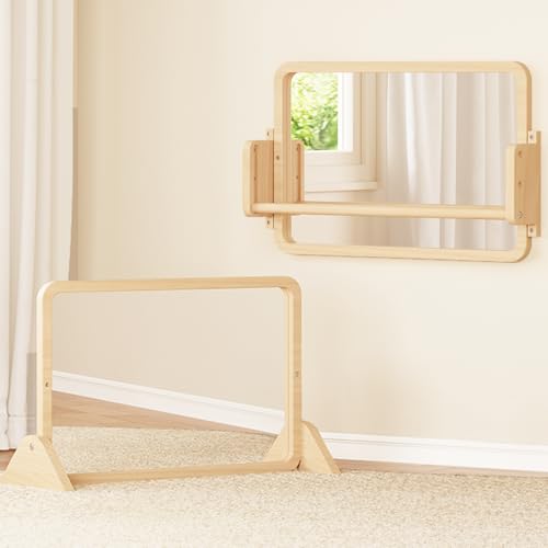 Woodtoe 3in1 Montessori Mirror with Bar Adjustable Toddler Mirror Pull Up Bar Montessori Learning Toy for Baby 618 Months Nursery Mirrors Natural Wood Furniture for Daycare Kids Classroom - Image 1