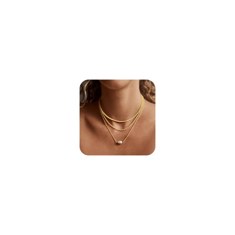 BERISO 14K Gold Plated Layered Necklace for Women, 3 Layer Dainty Gold Necklace with Minimalist Pendant, Elegant Everyday Gold Jewelry Gift - Image 1