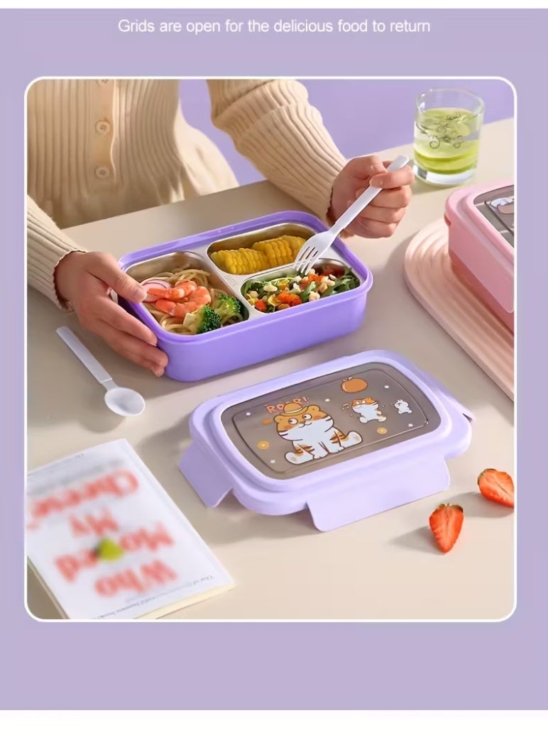 Toshionics Stainless Steel Lunch Box with 3 Compartments, Spoon & Fork, Leakproof, Microwave Safe, Freezer Safe, Removable Tray - BPA-Free– 750ml, 20x14x5 cm – For School, Office, Travel - Image 3