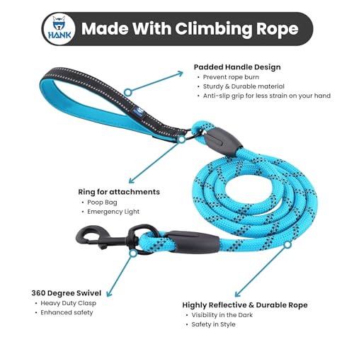 HANK Dog Leash | 3M Reflective Leash for Dogs | Heavy Duty Dog Rope for Small to Large Dogs | Comfortable Padded Handle 5 Feet (Cyan Blue + New Version, Large - Suitable Upto (18-80KG)) - Image 2