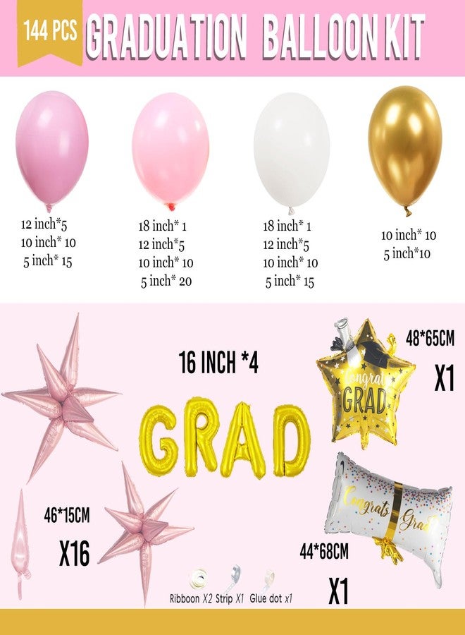 kozee Pink and White Gold Grad Balloon garland arch kit 145pcs With Large Gold Star GRAD Letter balloons for 2025 graduations decorations Prom girl's birthday party supplies - Image 5
