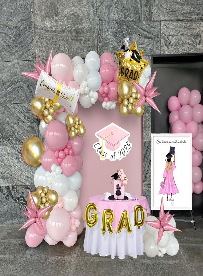 kozee Pink and White Gold Grad Balloon garland arch kit 145pcs With Large Gold Star GRAD Letter balloons for 2025 graduations decorations Prom girl's birthday party supplies - Image 1