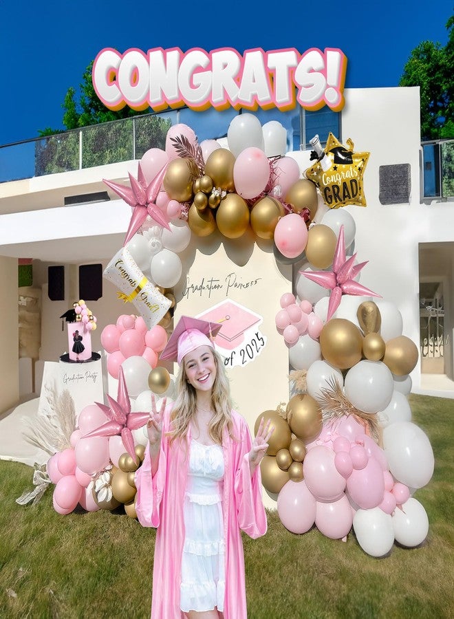 kozee Pink and White Gold Grad Balloon garland arch kit 145pcs With Large Gold Star GRAD Letter balloons for 2025 graduations decorations Prom girl's birthday party supplies - Image 3