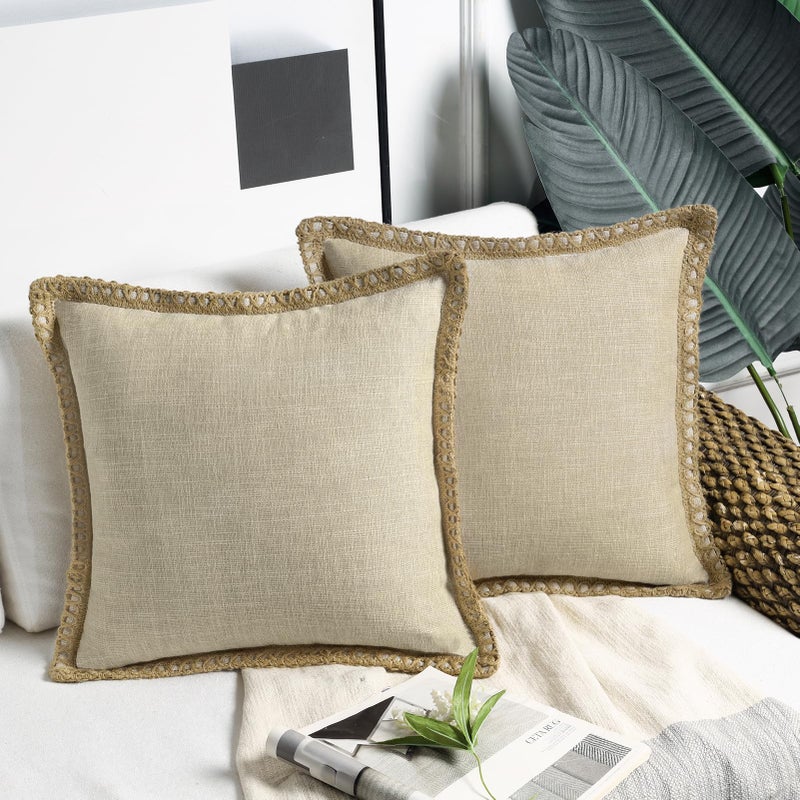 Phantoscope Pack of 2 Farmhouse Decorative Solid Throw Decorative Pillow Cover Burlap Linen Trimmed Tailored Edges  Oatmeal 22 x 22 inches 55 x 55 cm - Image 1