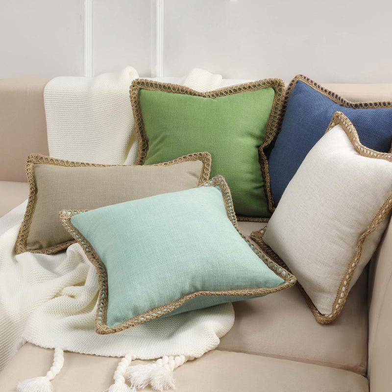Phantoscope Pack of 2 Farmhouse Decorative Solid Throw Decorative Pillow Cover Burlap Linen Trimmed Tailored Edges  Oatmeal 22 x 22 inches 55 x 55 cm - Image 5