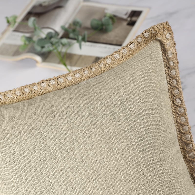 Phantoscope Pack of 2 Farmhouse Decorative Solid Throw Decorative Pillow Cover Burlap Linen Trimmed Tailored Edges  Oatmeal 22 x 22 inches 55 x 55 cm - Image 2