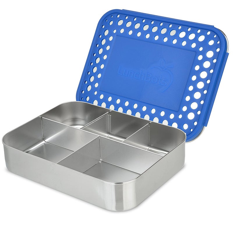 LunchBots Large Cinco Stainless Steel Lunch Container - Five Section Design Holds a Variety of Foods - Metal Bento Box - Dishwasher Safe - Stainless Lid - Blue Dots - Image 1