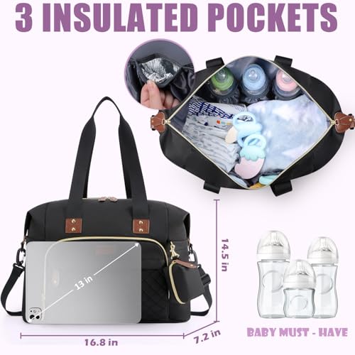Tuwubi Diaper Bag Tote,Baby Diaper Bag with Pacifier Case Large Travel Diaper Tote Caddy for Mom and Dad Multifunction Large Baby Bag - Black - Image 4