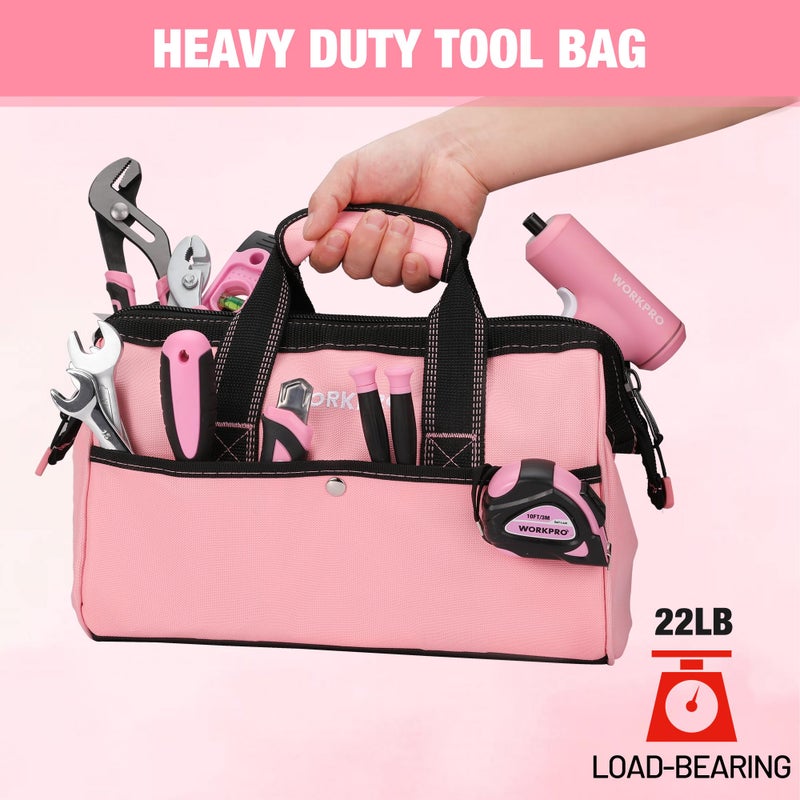 WORKPRO 13-Inch Tool Bag, Pink Soft Cloth Tool Storage Bags, Wide Mouth Tool Tote Bag with Inside Pockets - Pink Ribbon - Image 4