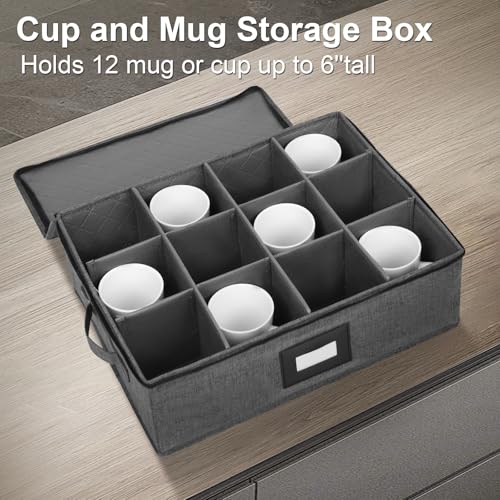 Mayniu 2 Pack Mug Storage Box with Dividers, Hard Top Cup Storage Containers for Coffee Mug & Tea Cup, Stackable Coffee Mug Storage Organizer with Zipper Lid & Rivet Reinforced Handles – Black - Image 2