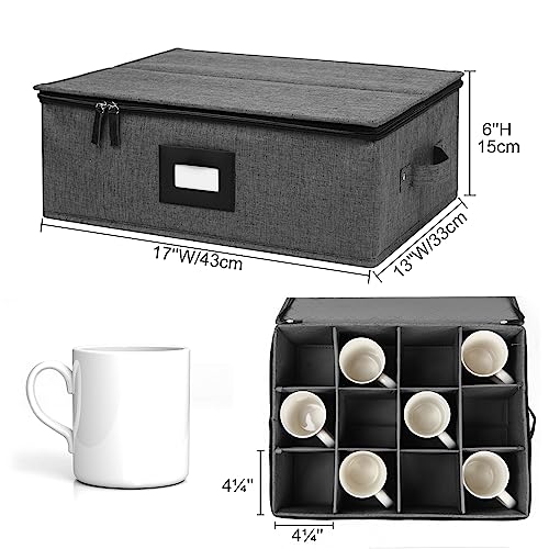 Mayniu 2 Pack Mug Storage Box with Dividers, Hard Top Cup Storage Containers for Coffee Mug & Tea Cup, Stackable Coffee Mug Storage Organizer with Zipper Lid & Rivet Reinforced Handles – Black - Image 5