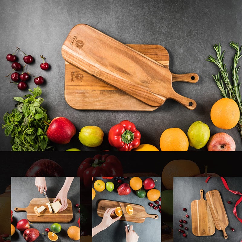 BF BILL.F SINCE 1983 Wood Cutting Board Set with Handle for Kitchen Large and Small Long 2 Packs Acacia Wooden Kitchen Cutting Boards for Meat, Cheese, Bread,Vegetables Fruits- Charcuterie Board Serving Board - Image 2