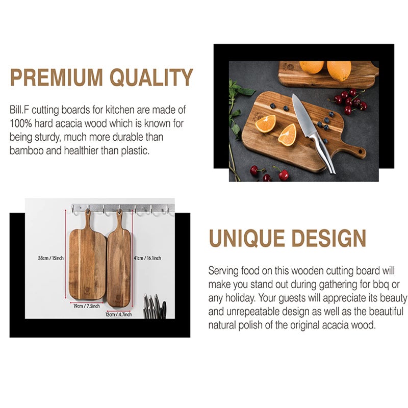 BF BILL.F SINCE 1983 Wood Cutting Board Set with Handle for Kitchen Large and Small Long 2 Packs Acacia Wooden Kitchen Cutting Boards for Meat, Cheese, Bread,Vegetables Fruits- Charcuterie Board Serving Board - Image 3