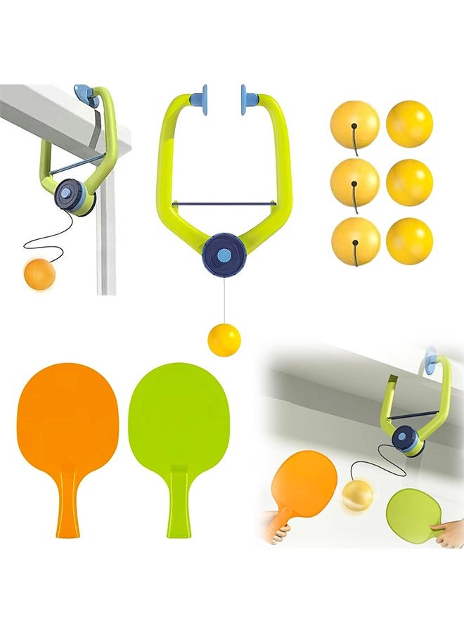 اسم المحتوى ناريلا مجموعة تدريب تنس الطاولة المعلقة المحمولة، مجموعة مضارب تنس الطاولة للأطفال، لعبة تنس الطاولة قابلة للتعديل للأطفال مع مضربين و6 كرات، جهاز تمرين تنس الطاولة بإطار الباب للاستمتاع داخل المنزل، جهاز - Image 1