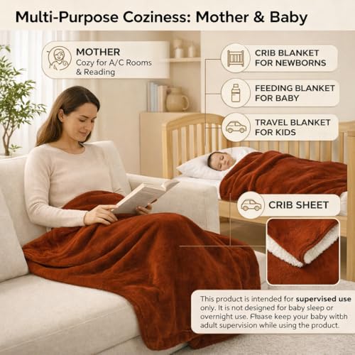BRANDONN Baby Blanket 130x105 cm – Ultra Soft Dual Layer Sherpa & Flannel, Lightweight Warm Newborn Blanket for Crib, Stroller, Travel & Feeding, Skin-Friendly, 1 Month Till 5 Years (Rust) - Image 3