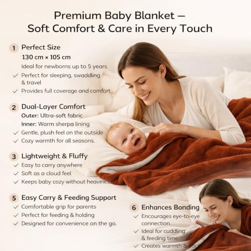 BRANDONN Baby Blanket 130x105 cm – Ultra Soft Dual Layer Sherpa & Flannel, Lightweight Warm Newborn Blanket for Crib, Stroller, Travel & Feeding, Skin-Friendly, 1 Month Till 5 Years (Rust) - Image 2