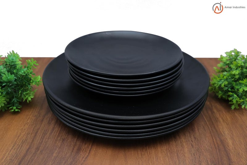 Amar Industries Melamine Dinner Set Matte Black Spiral Design Elegant Unabreakable Durable Stylish Full Plates and Half Plates Set of 12 - Image 2