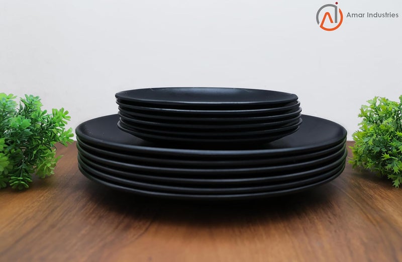 Amar Industries Melamine Dinner Set Matte Black Spiral Design Elegant Unabreakable Durable Stylish Full Plates and Half Plates Set of 12 - Image 3