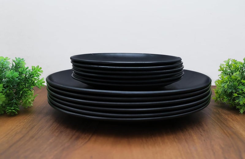 Amar Industries Melamine Dinner Set Matte Black Spiral Design Elegant Unabreakable Durable Stylish Full Plates and Half Plates Set of 12 - Image 1