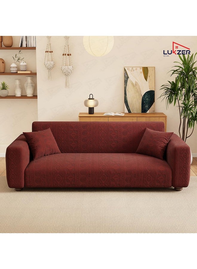 Lukzer 3 Seater Pastel Deep Maroon Tribal Pattern Sofa Cover | 240 GSM Universal Stretch Fit Jacquard Fabric Couch Protector | Fully Covered Anti Slip & Washable Sofa Cover (180-230cm/SC-135-03) - Image 4